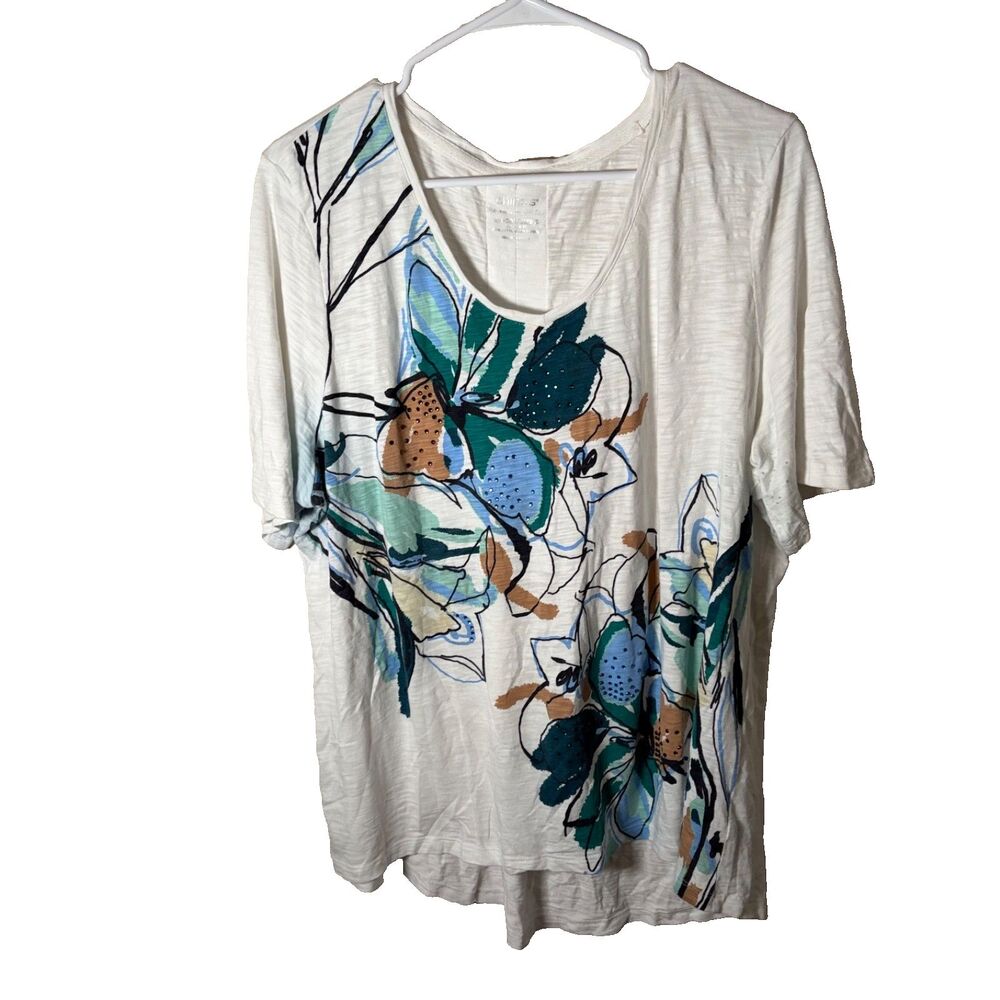 Chico's T-Shirt Women's 3 Floral Short Sleeve Rhinestone Printed Round Neck Top
